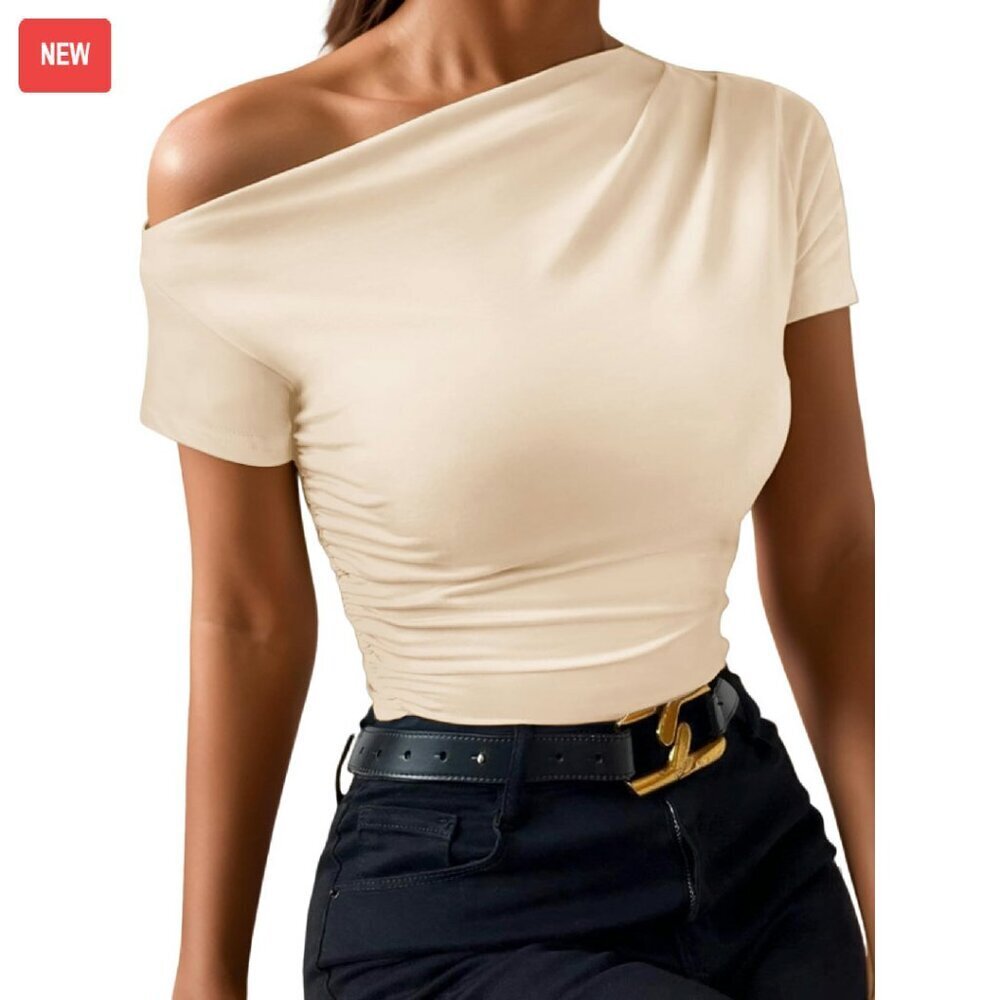 Off Shoulder Asymmetrical Top Ruched Summer Tee Slim Fit Polyester